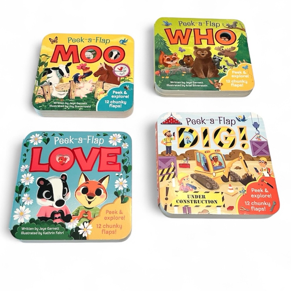 Peek A Flap Board Book Bundle - Moo, Who, Love, Dig! Toddler Ages 2+